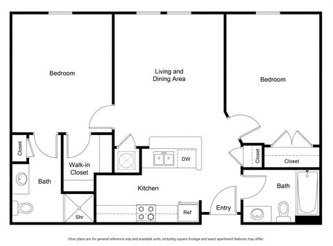 Floor plan for 2 beds, 2 baths, 824 sqft